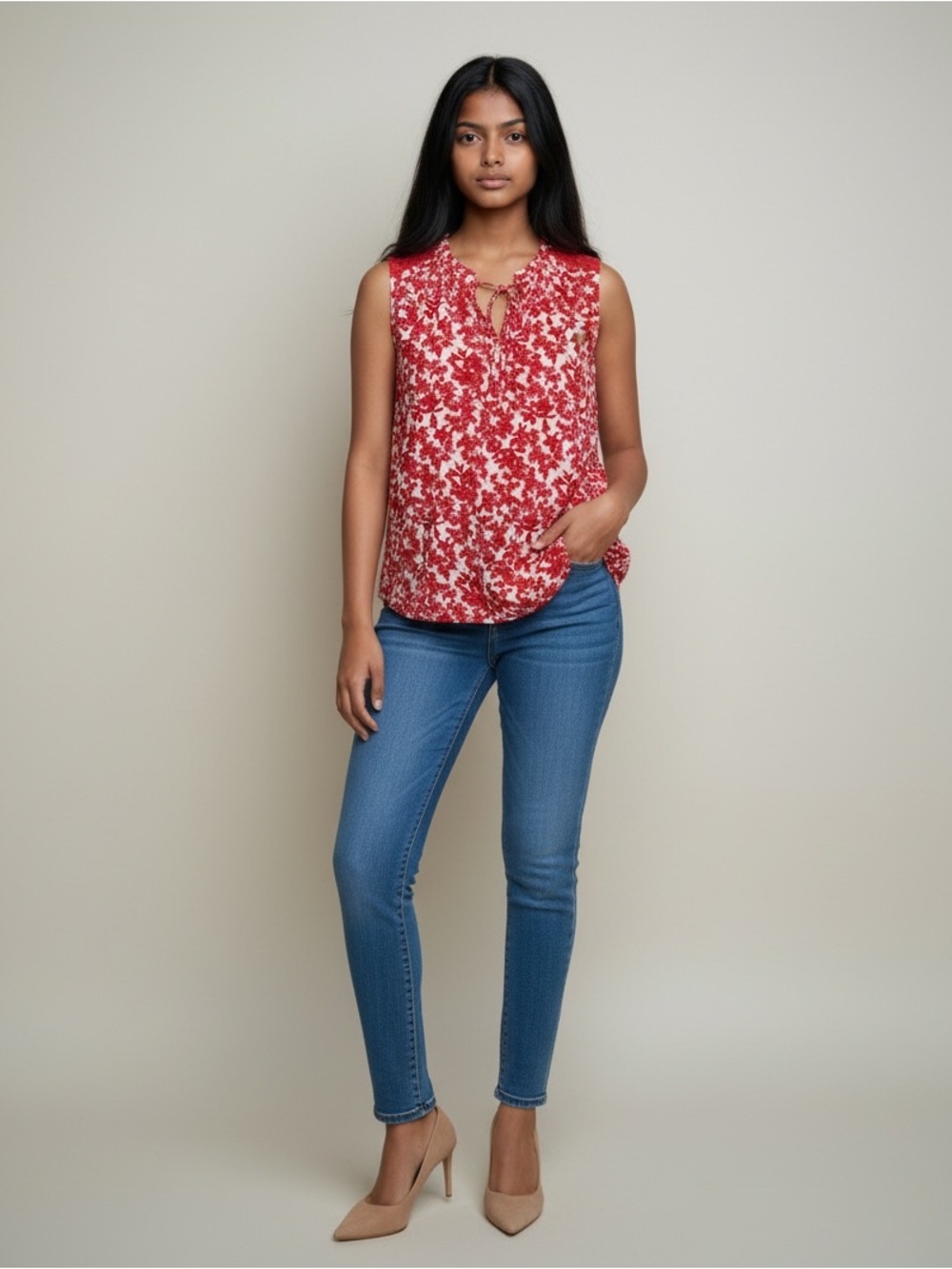 Bobeau Studio B Women’s sleeveless top 2X floral red & white NEW